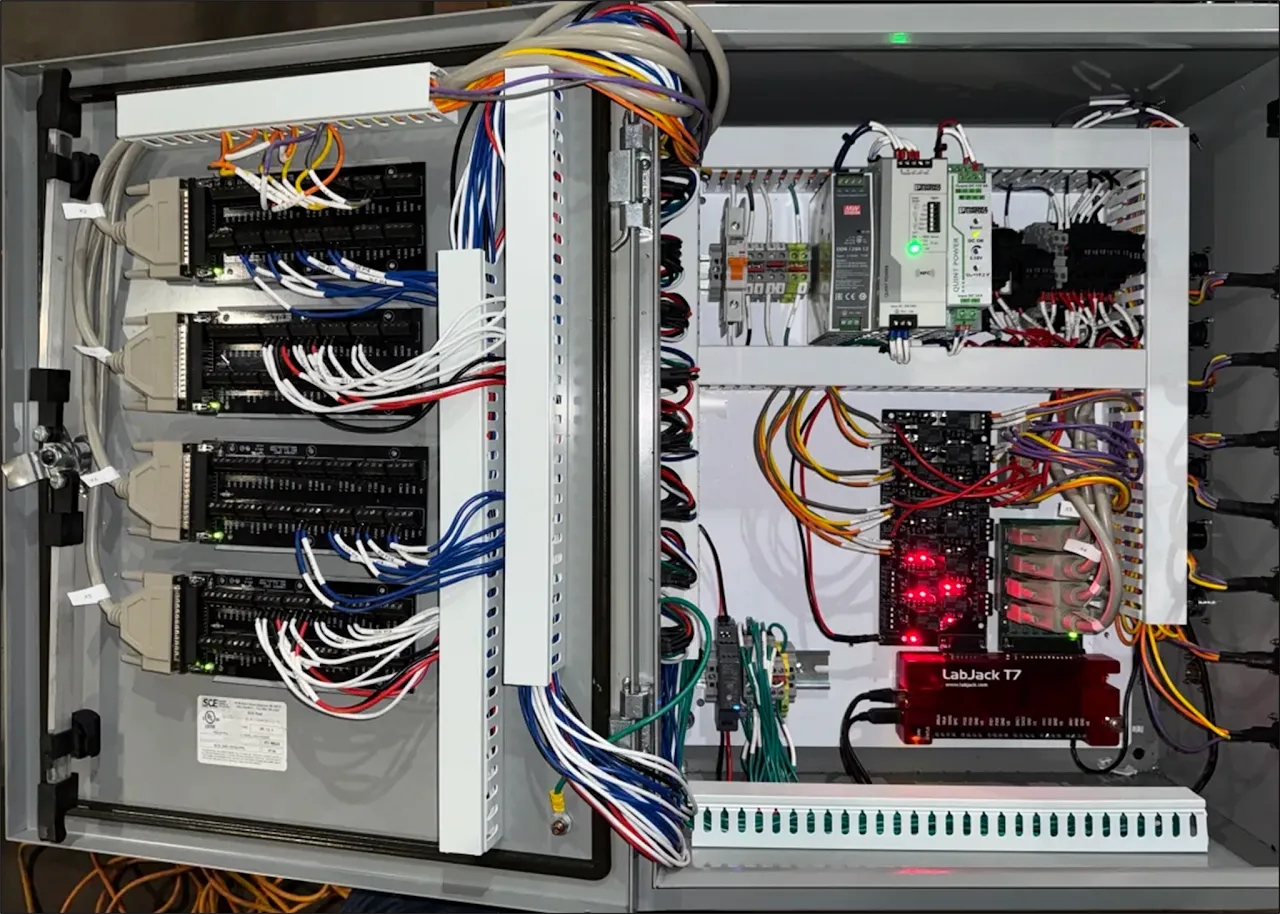 The open DACS box showing its wiring, sensor connections, and control hardware
