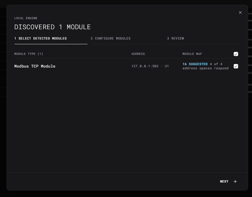 DARTWIC discovery dialog showing a detected Modbus TCP module, its address, and 16 suggested channels