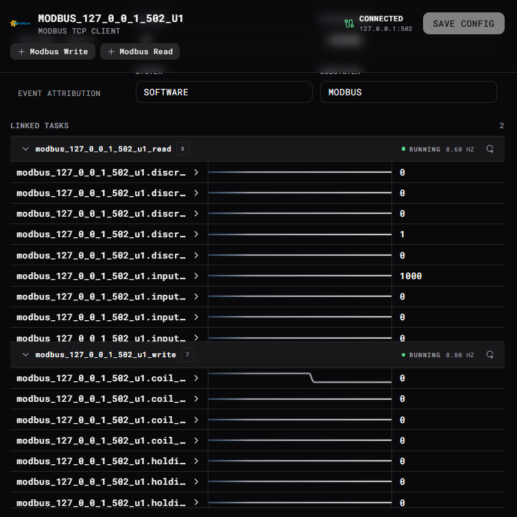 Connected Modbus TCP module with read and write task controls, running linked tasks, and live channel values and plots